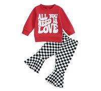 Baby Girl Abiti San Valentino Felpa a maniche lunghe + pantaloni a scacchiera/tinta unita Set vestiti per bambini, Rosso, 1-2 Years