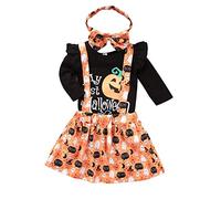 Baby Girl My 1st Halloween Pumpkin Suspender Skirt Outfits Pagliaccetto Copricapo Set di Vestiti (Nero, 6-12 Mesi)