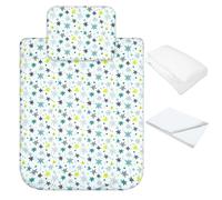 baby idea Babysanity Lenzuola Next To Me Compatibili 4 pezzi: Federa Cuscino, Piumino, Copripiumino, Lenzuolo Angoli per Culla Lettino Neonato - Chicco Kinderkraft Cam Brevi OEKO-TEX (Stars Verde)