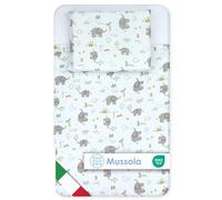 baby idea Lenzuola Next To Me 3 Pezzi Compatibili Culla Neonato 83x50 Lenzuola culla Fantasia +Sotto con Angoli+Federa Cuscino 100% Cotone Certificato Oeko Tex Made in Italy (Elefantino Mussola)