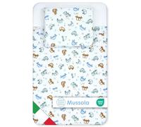 Baby Idea Lenzuola Next To Me 3 Pezzi Compatibili Culla Neonato 83x50 Lenzuola culla Fantasia+Sotto con Angoli+Federa Cuscino 100% Cotone Certificato Oeko Tex Made in Italy (Macchine Colorate Mussola)