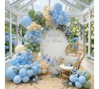 Baby in Bloom Kit arco palloncino verde salvia pastello e blu sabbia bianca ghirlanda di palloncini con foglie artificiali per Boho Baby Shower Happy Easter Spring Tea Party 1 ° compleanno decorazioni