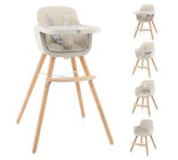 BABY JOY Seggiolone convertibile 3 in 1, in legno, con vassoio rimovibile, gambe regolabili, imbracatura a 5 punti, cuscino in poliuretano e poggiapiedi, per neonati, neonati e bambini (beige)