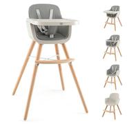BABY JOY Seggiolone convertibile, 3 in 1 in legno, con vassoio rimovibile, gambe regolabili, imbracatura a 5 punti, cuscino in poliuretano, poggiapiedi per neonati, bambini (grigio)