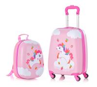 BABY JOY Set di 2 bagagli per bambini, 40,6 cm, bagaglio a mano e zaino da 30,5 cm, valigetta da viaggio per bambini con 4 ruote, manico retrattile, valigetta leggera per ragazze, rosa., 9 x 12.5 x 19