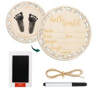Baby Name Sign, Cartello Hello World in Legno da 17cm con Tampone di Inchiostro per Impronte di Mani di Bambino Cartello per Neonato per Regalo di Nascita del Bambino (Stile Normale)