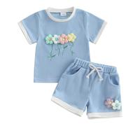 Baby Ragazze Estate Waffle Completi 3D Fiori Pantaloncini Set Jogger Pantaloncini Set Manica Corta 3D Fiori Waffle Maglietta+Elasticizzati Pantaloncini Carino Estate Outfit (Azzurro, 2-3 Anni)