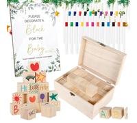 Baby Shower Game Sign Set, Drawing Challenge Kit with 24 Markers, Wooden Blocks Game, Interactive Board with Easy Setup, Table Display for Gender Reveal Party 100-Day Celebration Birthday