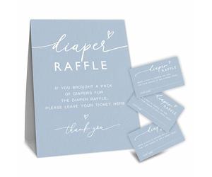 Baby Shower Kit gioco lotteria pannolino lotteria 50 pezzi minimalismo celeste biglietti e 1 cartello in piedi, decorazione per baby shower, rivelazione di genere, annuncio di bambino, bomboniere e