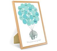 Baby Shower - Libro degli ospiti per baby shower, set di bomboniere, souvenir/ricordo scrivibile/impronte digitali con cornice (naturale - blu elefante)
