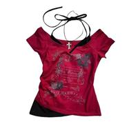 Baby Tee Y2k Donne Grunge Top Emo 2000s Vintage Falso Due Pezzi Manica Corta T Shirt Crop Top Adolescenti, Rosso, L