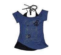Baby Tee Y2k Donne Grunge Top Emo 2000s Vintage Falso Due Pezzi Manica Corta T Shirt Crop Top Adolescenti, Blu navy, M