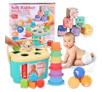 Babybaipro - Set di Giocattoli sensoriali ed educativi Montessori per Neonati, Bambino, 4 in 1: Blocchi impilabili, Scatola per fazzoletti. Regalo di Nascita, Compleanno, 6-36 Mesi, atossico (4 en 1)