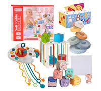 Babybaipro - Set di Giocattoli sensoriali ed educativi Montessori per Neonati, Bambino, 6 in 1: Blocchi impilabili, Scatola per fazzoletti. Regalo di Nascita, Compleanno, 6-36 Mesi, atossico, 34 pz