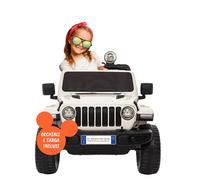 BabyCar Jeep Elettrica Per Bambini | Auto con Sedili in Pelle, Porte Apribili, MP3/USB/Micro SD | Macchina Elettrica per Bambini 12V con 2 Motori 35W | Licenza Ufficiale Jeep | Bianco Occhiali-Targa