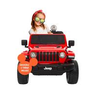 BabyCar Jeep Elettrica Per Bambini | Auto con Sedili in Pelle, Porte Apribili, MP3/USB/Micro SD | Macchina Elettrica per Bambini 12V con 2 Motori 35W | Licenza Ufficiale Jeep | Rosso Occhiali-Targa