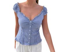 Babydoll Top per le Donne Sexy Scollo a V Profondo Taglio Basso Button Down Pizzo Trim Camicia Slim Fit Coquette Vestiti Uscire, blu navy, M