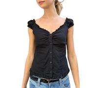 Babydoll Top per le Donne Sexy Scollo a V Profondo Taglio Basso Button Down Pizzo Trim Camicia Slim Fit Coquette Vestiti Uscire, Nero , M