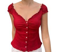 Babydoll Top per le Donne Sexy Scollo a V Profondo Taglio Basso Button Down Pizzo Trim Camicia Slim Fit Coquette Vestiti Uscire, Rosso, L