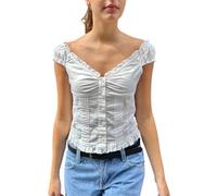 Babydoll Top per le Donne Sexy Scollo a V Profondo Taglio Basso Button Down Pizzo Trim Camicia Slim Fit Coquette Vestiti Uscire, avorio, M