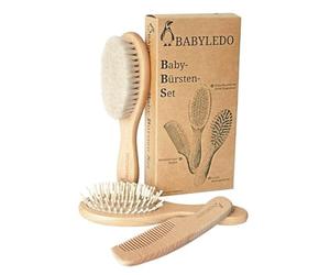 BABYLEDO Set di 3 spazzole per neonati e bambini, con setole di capra, spazzola massaggiante e pettine in legno di faggio, ideale come regalo, scatola inclusa