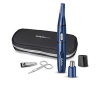 BaByliss 7058PE Kit Tagliapeli Naso, Orecchie, Sopracciglia, Forbicina e taglia unghie inclusi, Testina Circolare, a Batterie, Blu, custodia inclusa