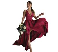 Babyonline D.R.E.S.S. Abito da sera lungo spacco sexy scollo a V profondo chic elegante abito di gala promozionale, bordeaux, 48