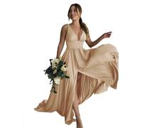 BABYONLINE D.R.E.S.S. Abito da sera lungo spacco sexy scollo a V profondo chic elegante abito di gala promozionale, oro, 42