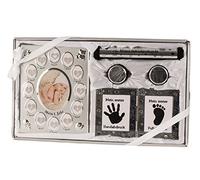 Babyset argento compresa Cornice "I miei primi 2 anni", 2 Lattine per Denti da latte e Capelli, Tubo per Certificato di compleanno e Gesso per Impronta Mano e piedi 26x44 cm