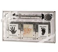 Babyset argento compresi Cornici, 2 Lattine per Denti da latte e capelli, Tubo per certificato di nascita e gesso per impronta Mano e piedi 22x37 cm