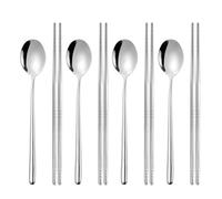 Bacchette Cinesi Riutilizzabili e Cucchiaio, 4 Coppie Bacchette Sushi in Acciaio Inox e Cucchiaio Set, Bacchette Giapponesi Lavabili in Lavastoviglie, Bacchette e Cucchiaio per Casa, Cucina (Argento)