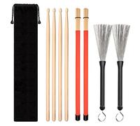Bacchette per Batteria Set, 4 Paia Bacchette di Legno Bambù e Retraibili Spazzola Batteria in filo d'Acciaio Metallici con Borsa Portaoggetti per Batteristi Principianti e Esperti