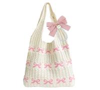 BACH AND BOUJEE borsa alluncinetto beige con fiocchi rosa grande ed estetica per spiaggia donne boho tracolla rete lavorata a maglia