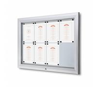 Bacheca da esterno certificata IP56, formato 8xA4, profili alluminio anodizzato, anta vetro temperato ESG
