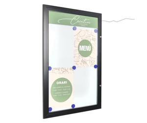 Bacheca per esterno 4xA4 da parete con illuminazione a LED, porta menù con apertura a libro e pannello removibile per logo - con serratura
