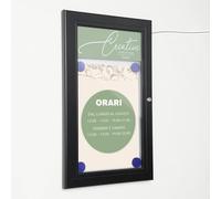 Bacheca per esterno da parete con illuminazione a LED, porta menù con apertura a libro e pannello removibile per logo - con serratura (A4)