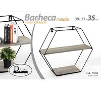 BACHECA PORTA OGGETTI METALLO ESAGONALE PARETE 2 MENSOLE LEGNO 381135CM
