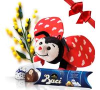 Baci Perugina Idea Regalo Festa della Mamma 2025|Festa del Papà|Pasqua|Festa della Mamma 2025- Ramo Di Mimose Artificiali + Baci Perugina 37,5g + Peluche Coccinella