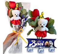 Baci Perugina Regalo Donna - Baci Perugina Tubo 37,5g + 3 Rose Rosse Artificiale + Decorazione Orsetto Polistirolo + Rametto di Mimosa-Compleanno