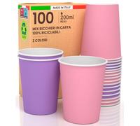 Baciato Caffè 100 Bicchieri in Carta 200ml Mix Dream Ecologici Biodegradabili Monouso Made in Italy Asporto Bevande Calde Acqua - MIX di Colori Rosa Lilla - Prodotto e Confezionato in Italia