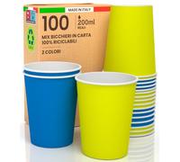 Baciato Caffè 100 Bicchieri in Carta 200ml Mix Star Ecologici Biodegradabili Monouso Made in Italy Asporto Bevande Calde Acqua - MIX di Colori Giallo Blu- Prodotto e Confezionato in Italia