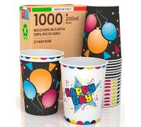 Baciato Caffè 1000 Bicchieri in Carta 200ml Ecologici Biodegradabili Monouso Made in Italy Asporto Bevande Calde Acqua Mix Fantasie Happy Day e Black Party - Prodotto e Confezionato in Italia