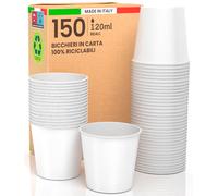 Baciato Caffè 150 Bicchieri in Carta Bianchi 120ml Ecologici Biodegradabili Monouso Made in Italy Asporto Bevande Calde Acqua - Prodotto e confezionato in Italia