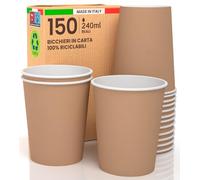 Baciato Caffè 150 Bicchieri in Carta Color Avana 240ml Ecologici Biodegradabili Monouso Made in Italy Asporto Bevande Calde Acqua - Prodotto e confezionato in Italia