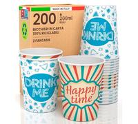 Baciato Caffè 200 Bicchieri in Carta 200ml Biodegradabili Ecologici Monouso Made in Italy MIX di Fantasie DRINK ME + HAPPY TIME Asporto Bevande Calde Acqua - Prodotto e Confezionato in Italia