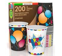 Baciato Caffè 200 Bicchieri in Carta 200ml Biodegradabili Ecologici Monouso Made in Italy MIX di Fantasie BLACK PARTY + HAPPY DAY Asporto Bevande Calde Acqua - Prodotto e Confezionato in Italia