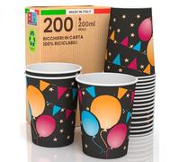 Baciato Caffè 200 Bicchieri in Carta 200ml Ecologici Biodegradabili Monouso Made in Italy Asporto Bevande Calde Acqua Colorati Fantasia BLACK PARTY - Prodotto e Confezionato in Italia