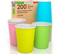 Baciato Caffè 200 Bicchieri in Carta 200ml Ecologici Biodegradabili Monouso Made in Italy Asporto Bevande Calde Acqua - MIX di Colori Verde Giallo Rosa e Celeste - Prodotto e Confezionato in Italia