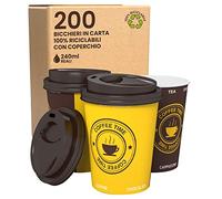 Baciato Caffè 200 Bicchieri in Carta 240ml Ecologici Biodegradabili Monouso Asporto Bevande Calde Acqua Colorati + 200 Coperchi con Beccuccio