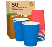 Baciato Caffè 50 Bicchieri in Carta 200ml Mix Party Ecologici Biodegradabili Monouso Made in Italy Asporto Bevande Calde Acqua - MIX di Colori Blu Rosso - Prodotto e Confezionato in Italia
